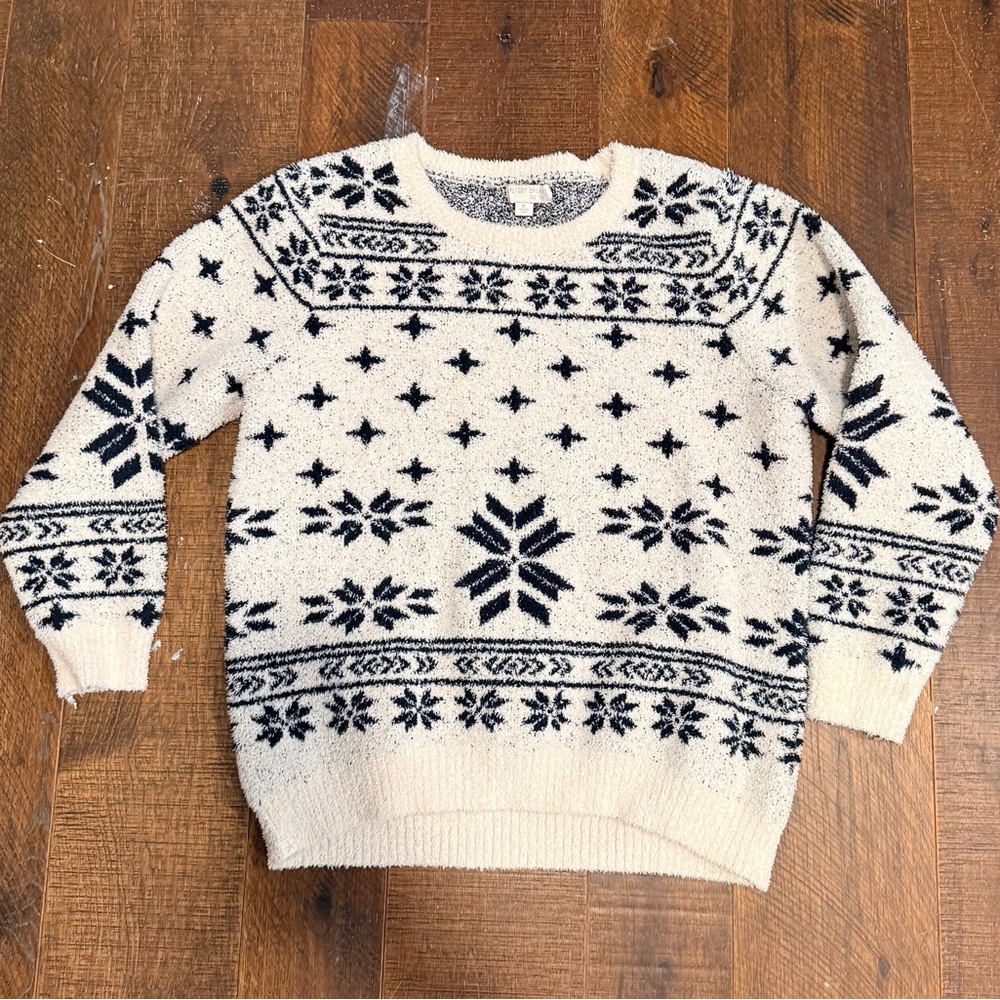 Women's Barefoot Dreams CozyChic Fair Isle Crew Neck Sweater XL Off-White Navy